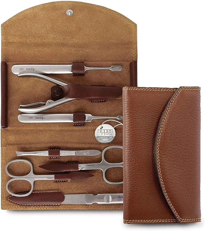 Nippes Solingen Premium Manicure Set 7 Piece Brown Leather Case