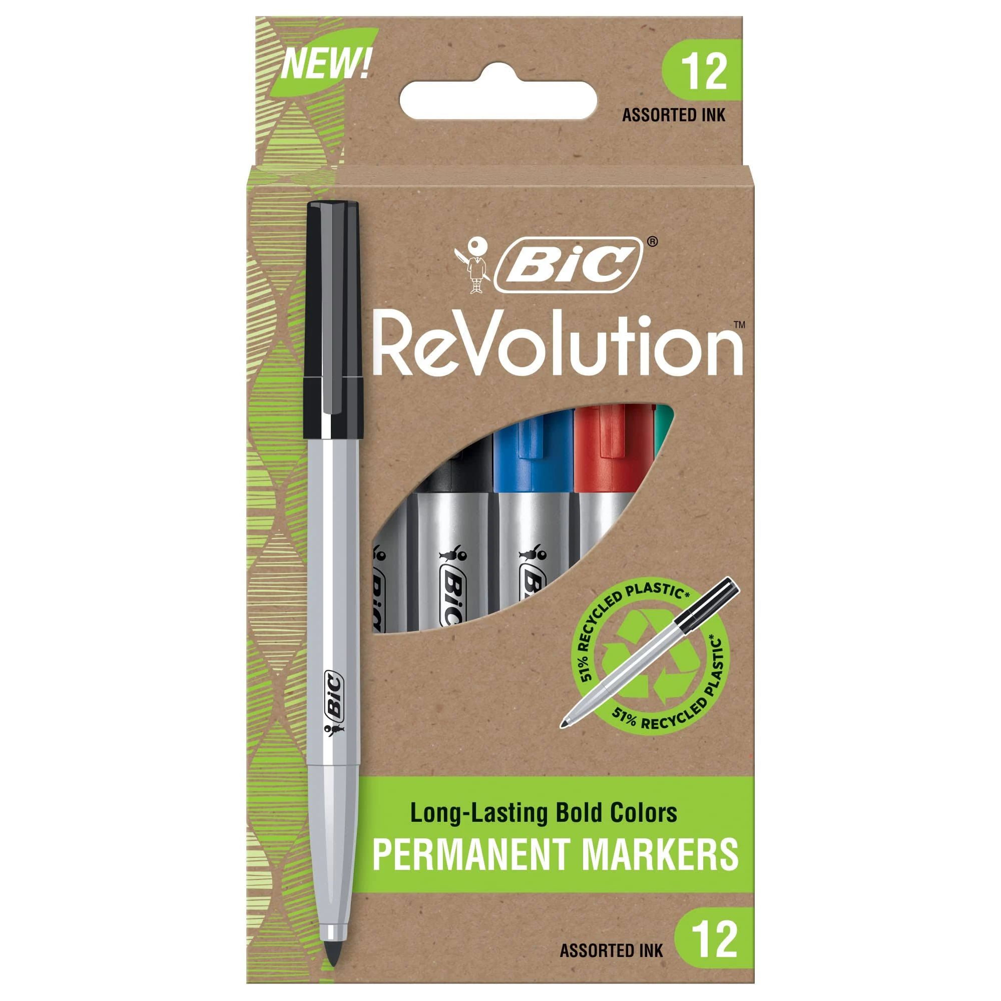 BIC Ecolutions Permanent Markers, Fine Tip, Assorted Colors, 12/Pack (Pmer12-Ast)