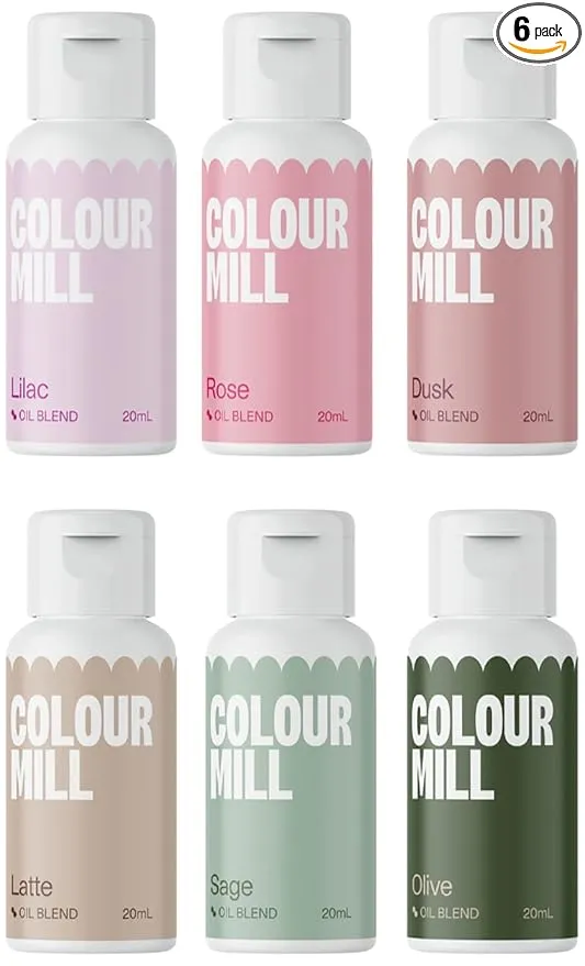 Colour Mill Botanical Oil-Based Food Coloring, 20 Milliliters Each of 6 Colors: Dusk, Latte, Lilac, Olive, Rose & Sage, 120.0 grams, 4.08 Fl Oz