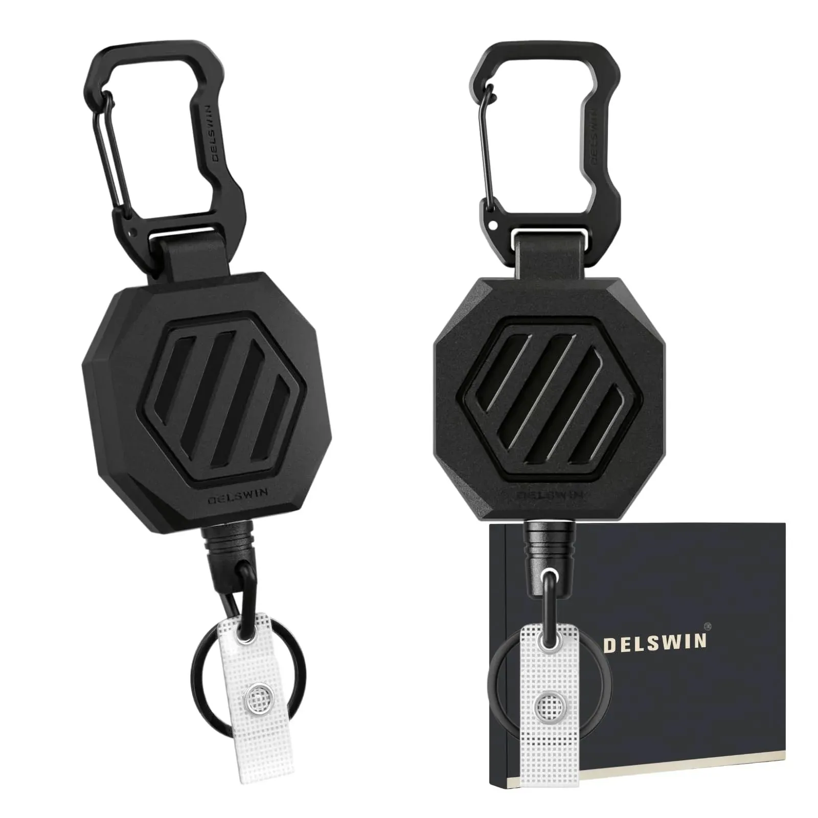 DELSWIN Retractable Keychain Heavy Duty - ID Card Badge Holder Retractable Clip, Tactical Carabiner Badge Reels with Key Ring and 31.5" Steel Cord, Key Leash Lanyard(2 Pack)