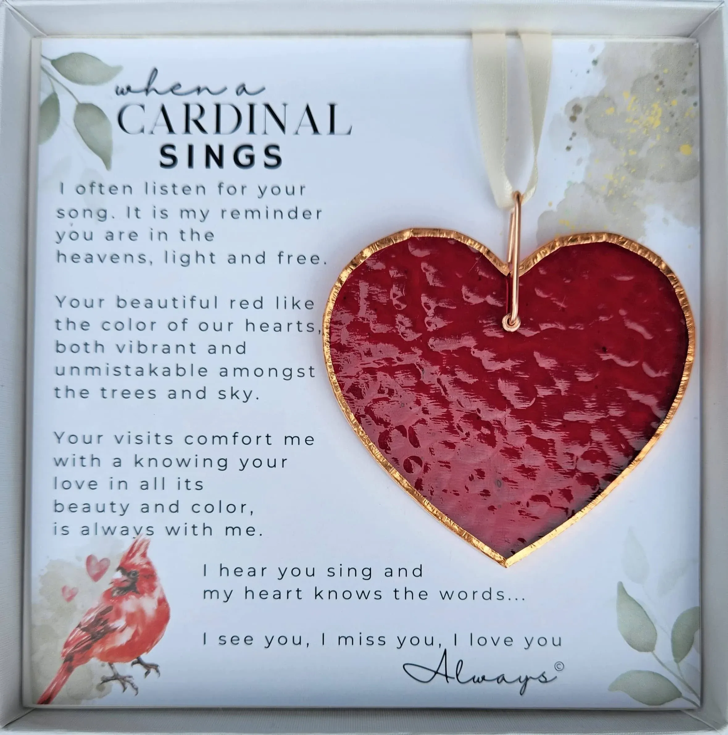 When A Cardinal Sings Memorial Stained Red Glass Heart-Cardinal Sympathy Gift for Loss of Loved One-Bereavement Gift for Friends/Family-Cardinal Memorial Gift for Loss of Mom/Dad - Handmade in USA