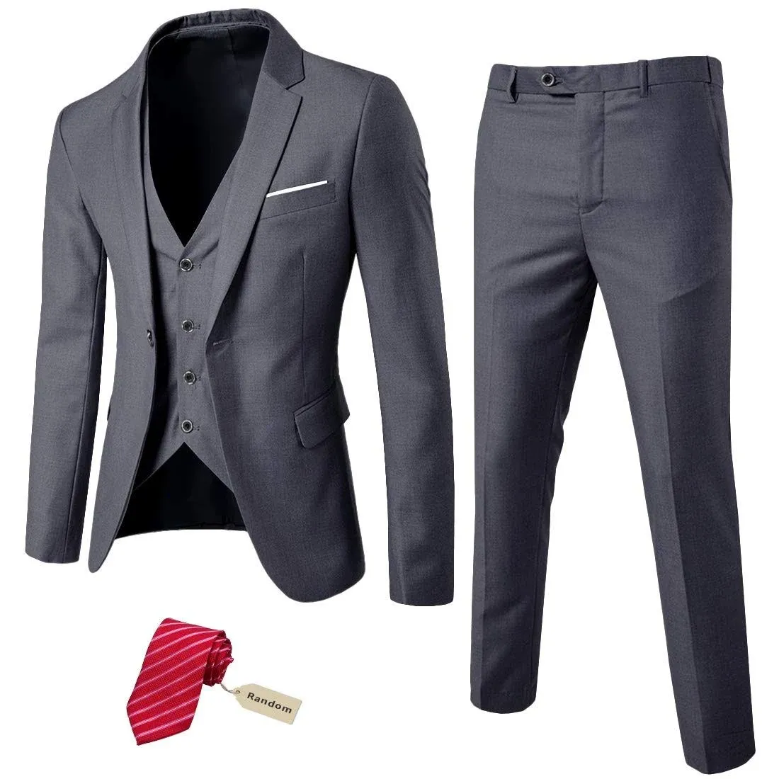 MYS Men's 3 Piece Slim Fit Suit Set, One Button Solid Jacket Vest Pants with Tie