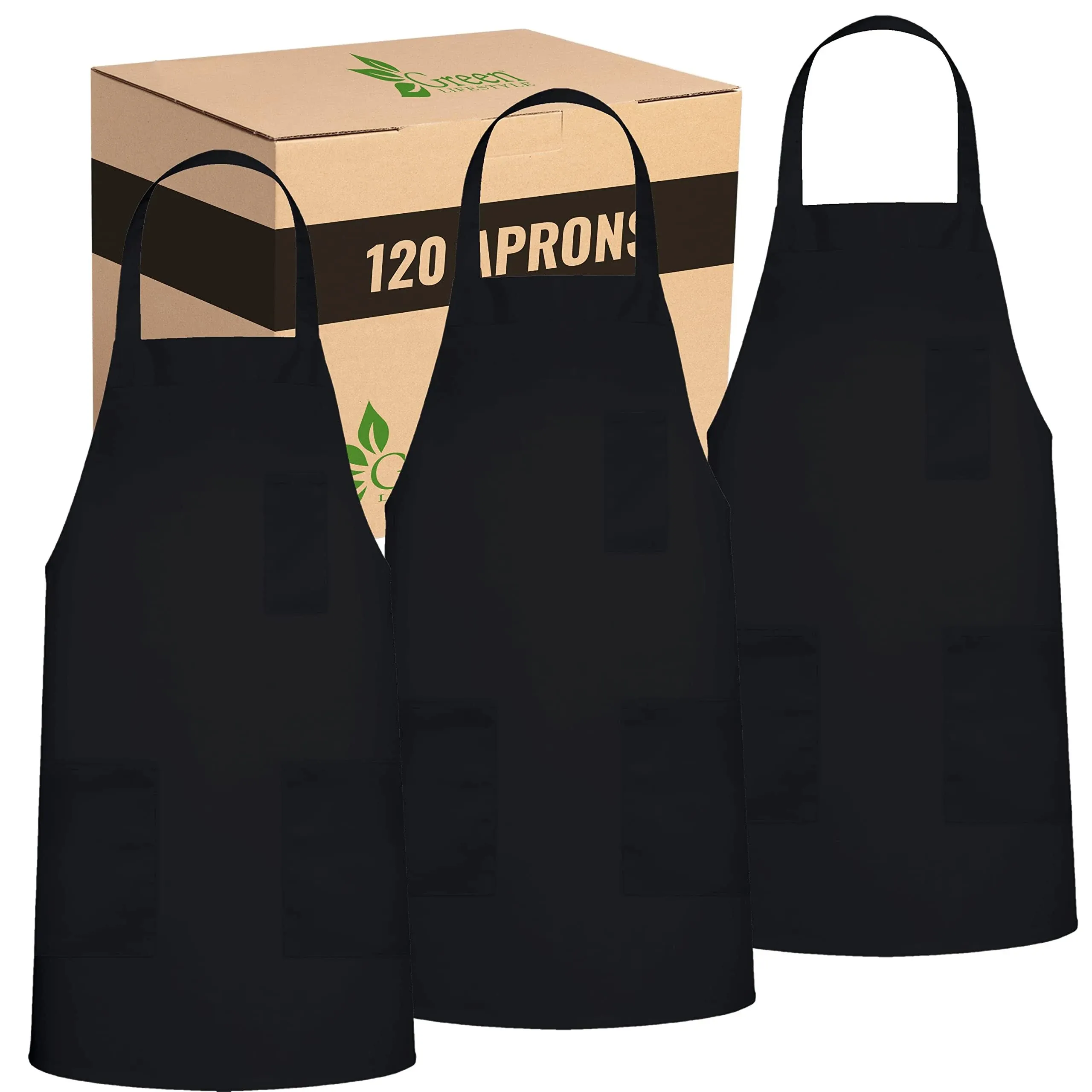 GREEN LIFESTYLE 120 Pack Bib Apron - Unisex Black Aprons, Machine Washable Aprons for Men and Women, Kitchen Cooking BBQ Aprons Bulk (Pack of 120, with 3 Pockets, Black)