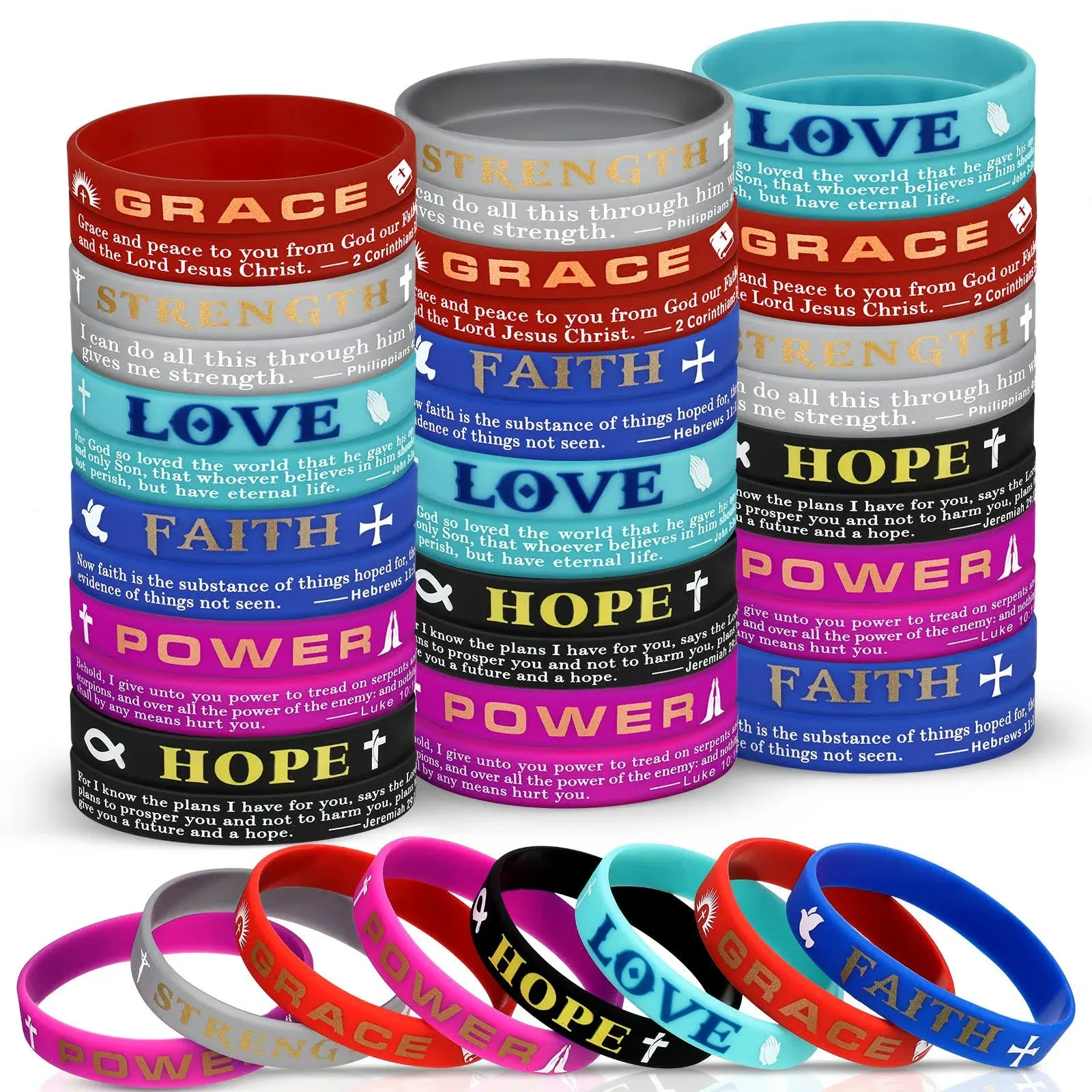 48 Pcs Christian Inspirational Bible Bracelets Religious Silicone Wristbands Bib