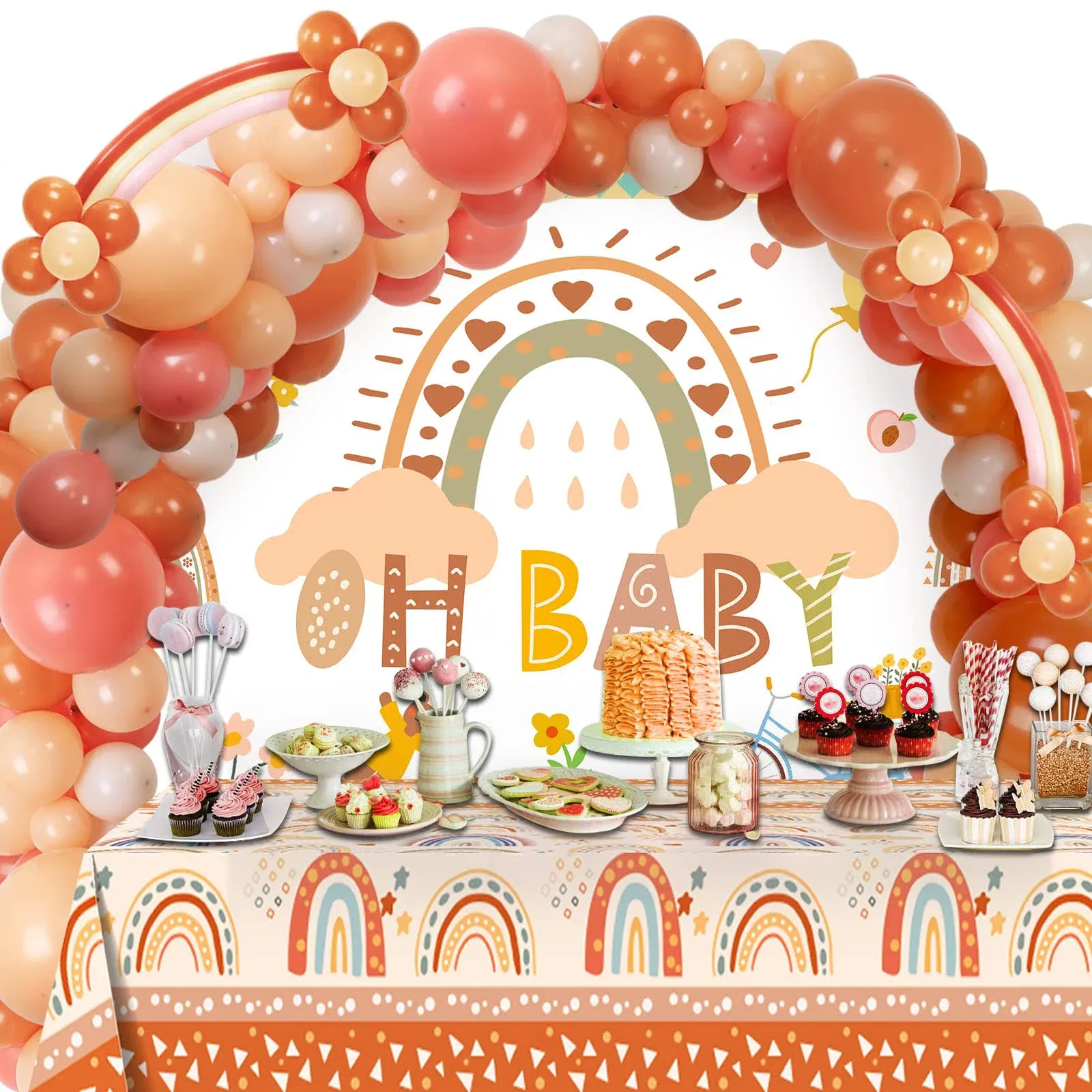 Boho Balloon Garland Boho Baby Shower Decorations Includes Oh Baby Backdrop,Boho Rainbow Tablecloth,Latex Balloons for Birthday Party Decorations