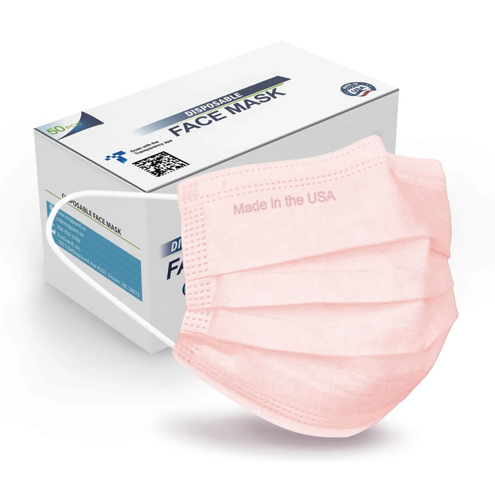 FriCARE Disposable Masks Made in USA 3 Ply by ECOGUARD, Pink Face Mask for Women Protection, Brearhable Comfortable 50 Pack