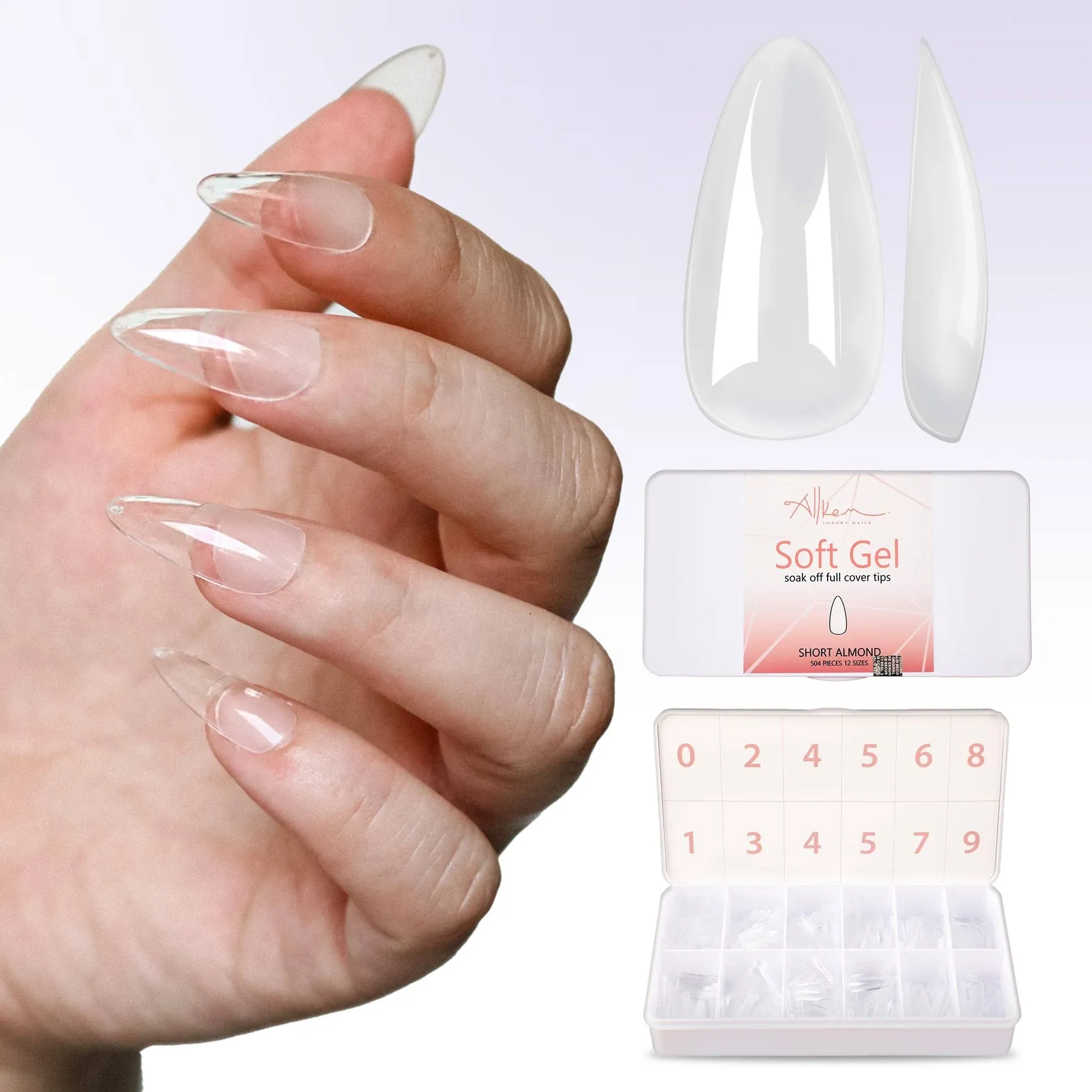 Allkem Medium Short Almond 504 Pcs | Clear Soft Gel Nail Tips | 12 Sizes Shor...