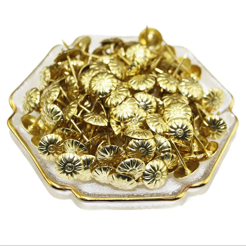 200 Pcs Upholstery Tacks Nails, Furniture Nails for Sofa,Crafts,Decorative Painting, 7/16" Head Diameter (Antique Brass Daisy) (Golden)