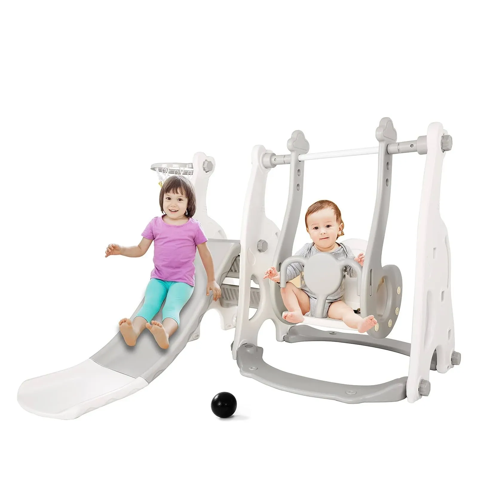 LANGYI Children's Four in One Slide Swing，with Basketball Frame and Ball and Extra Long Slide，Children's Slide That Can Be Installed at Will in Indoor and Outdoor Garden, White