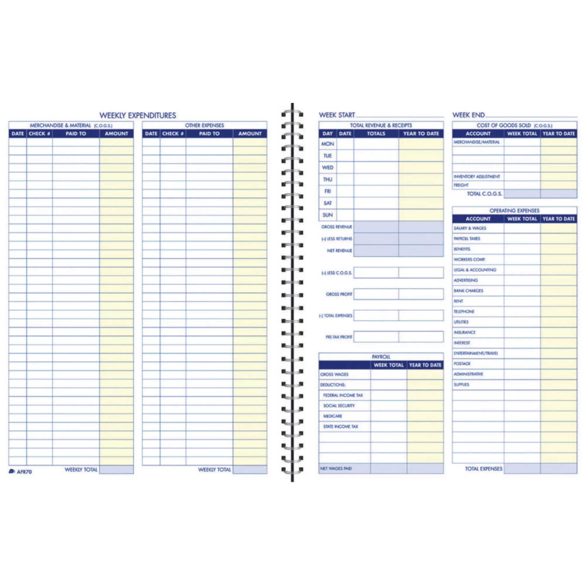  Bookkeeping Record Book, Weekly Format, 8.5 x 11 Inches, White (AFR70) 