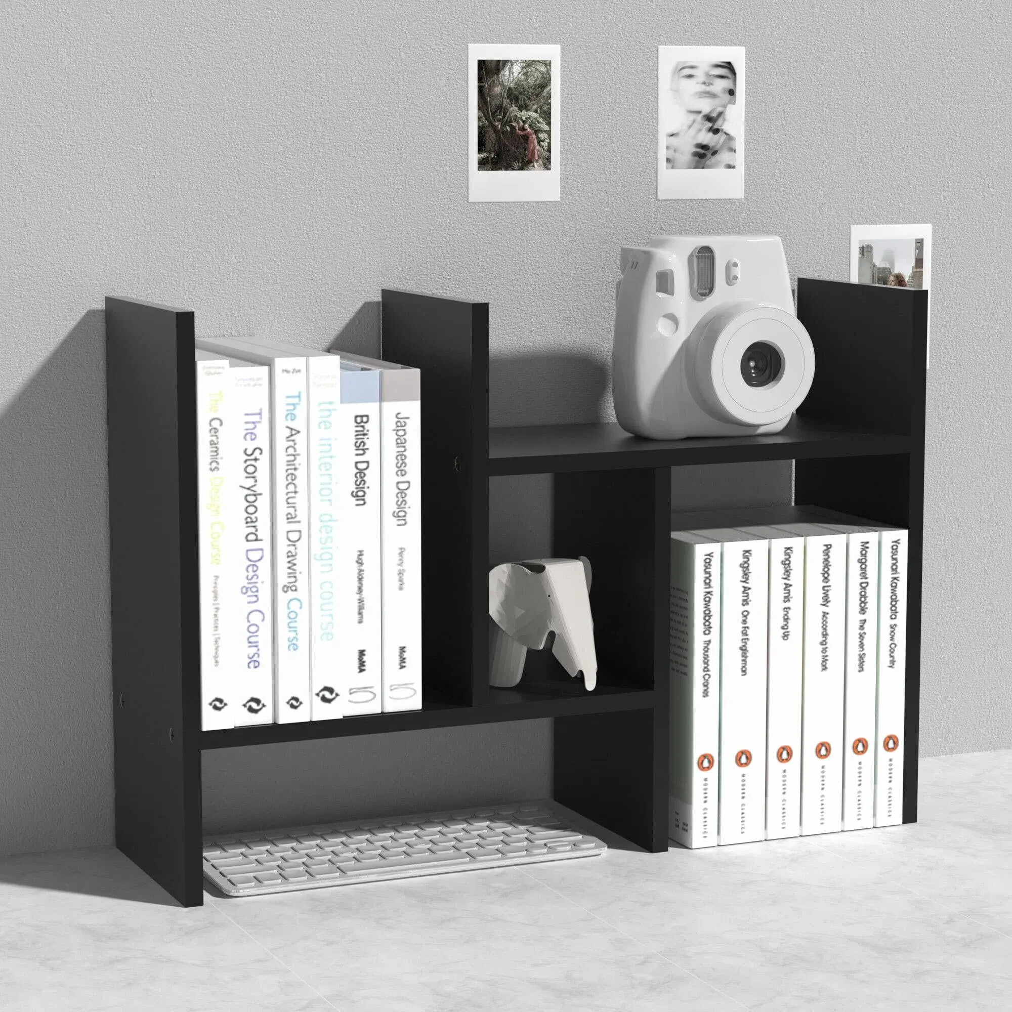 MASAKA B&W - Japanese Style Desktop Organizer Double H Plants Display Shelf, Office Desktop Storage Rack, Adjustable Stackable Office Supplies Desk Organizer - Free Standing Shelf Black