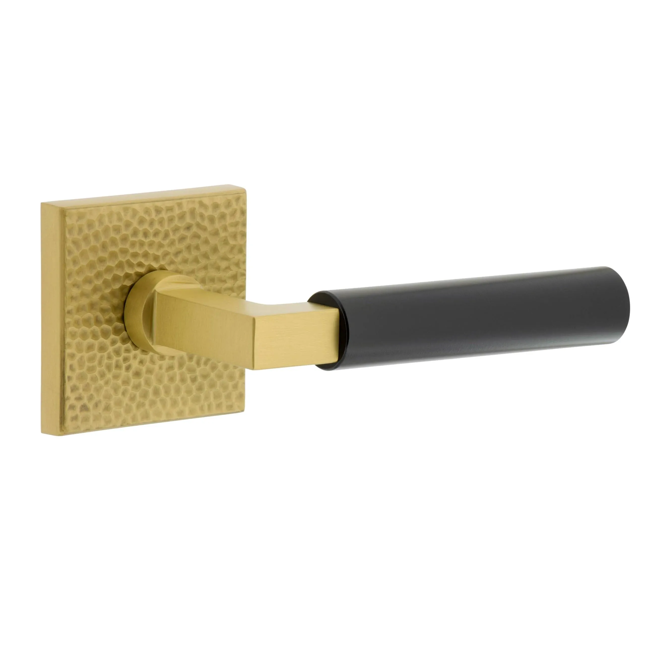 Viaggio Quadrato Hammered Rosette Satin Brass Privacy with Satin Black Contempo Smooth Lever