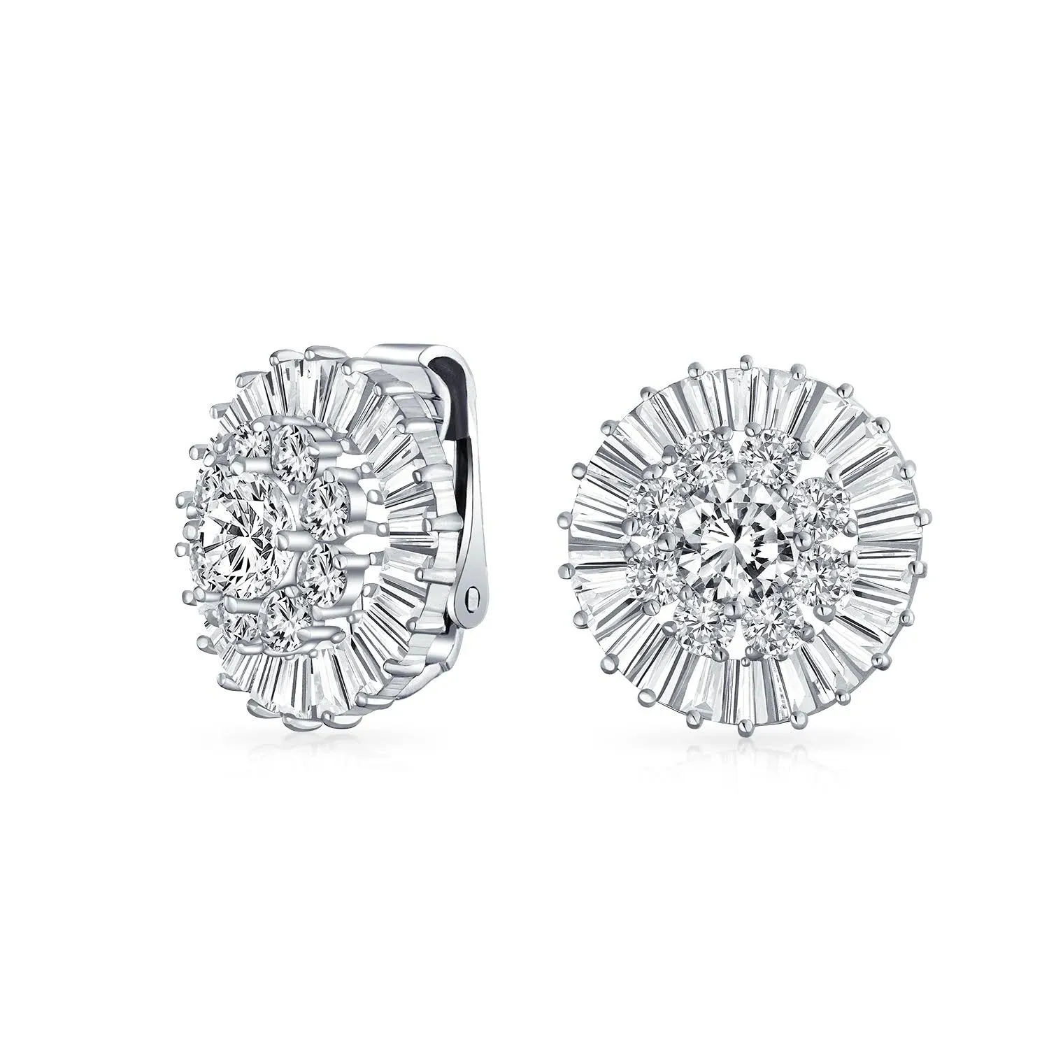 Wedding CZ Baguette Pave Round Clip on Earrings Ears Silver Plated