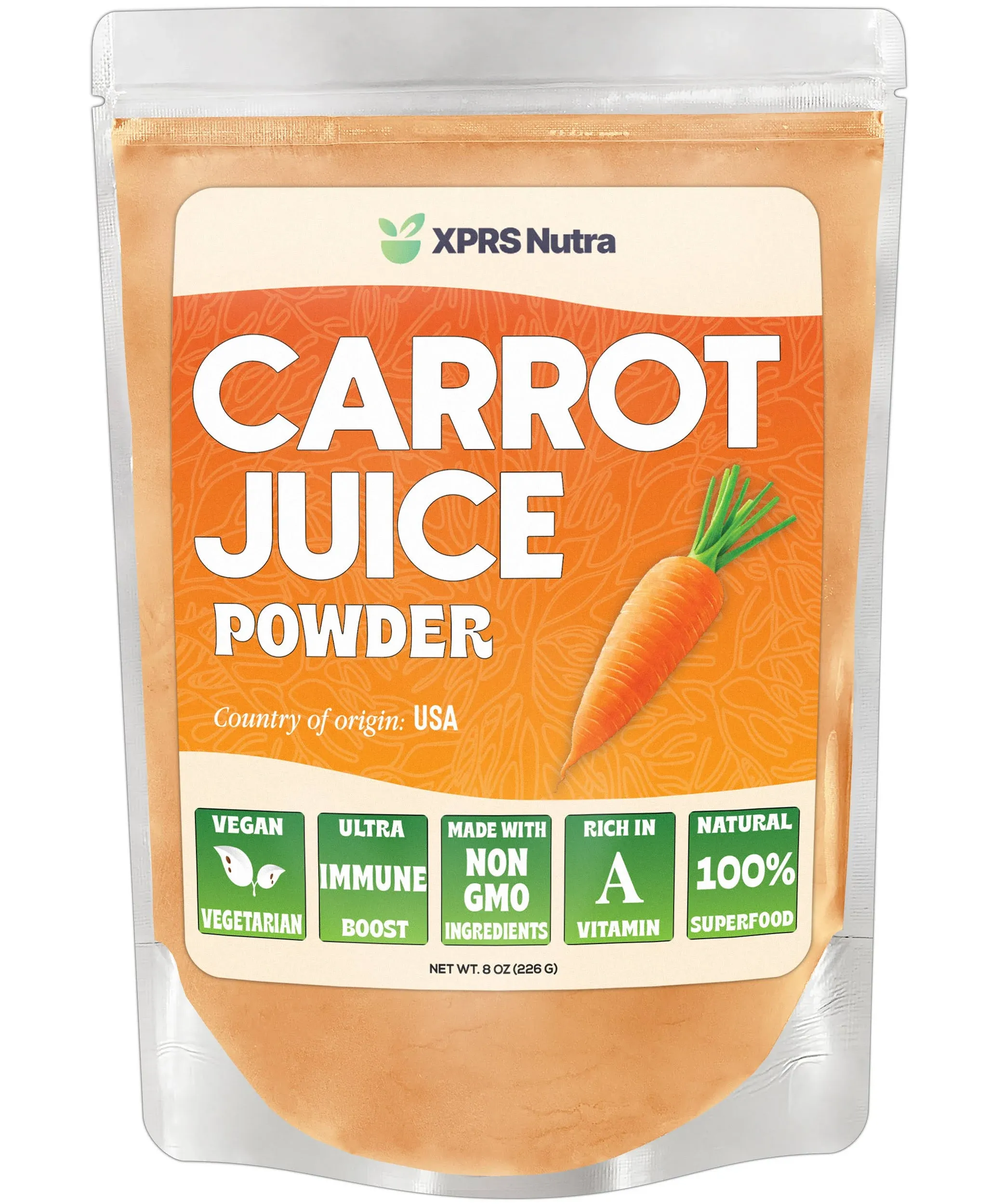 XPRS Nutra 100% Natural Carrot Juice Powder - Pure Carrot Powder from The USA - Ideal for Juice and Smoothie - High in Vitamin A, Phytonutrients and Antioxidants - Non-GMO (8 oz)