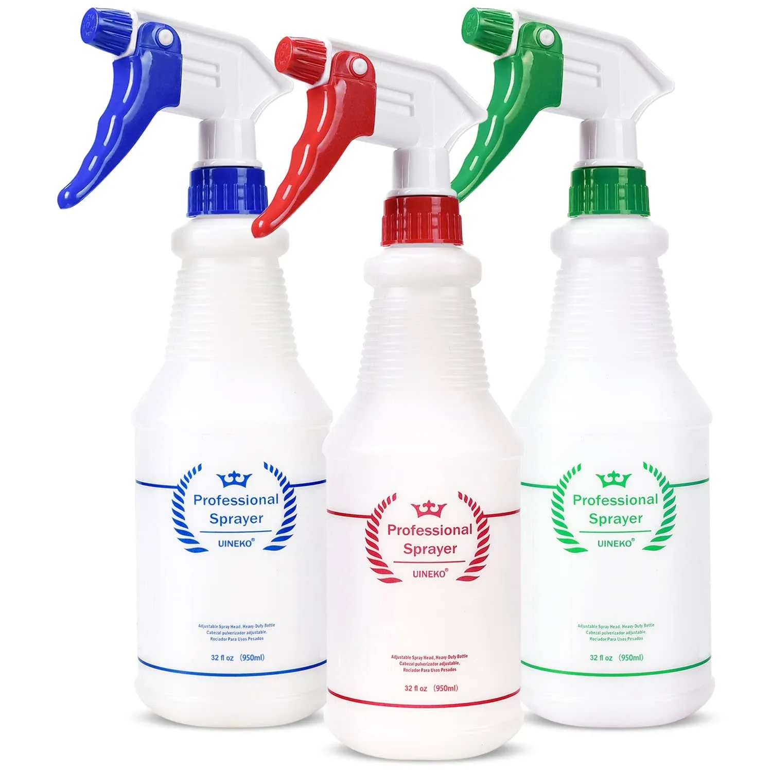 Uineko Plastic Spray Bottle 3 Pack 32 oz 3 Colors Heavy Duty All-p