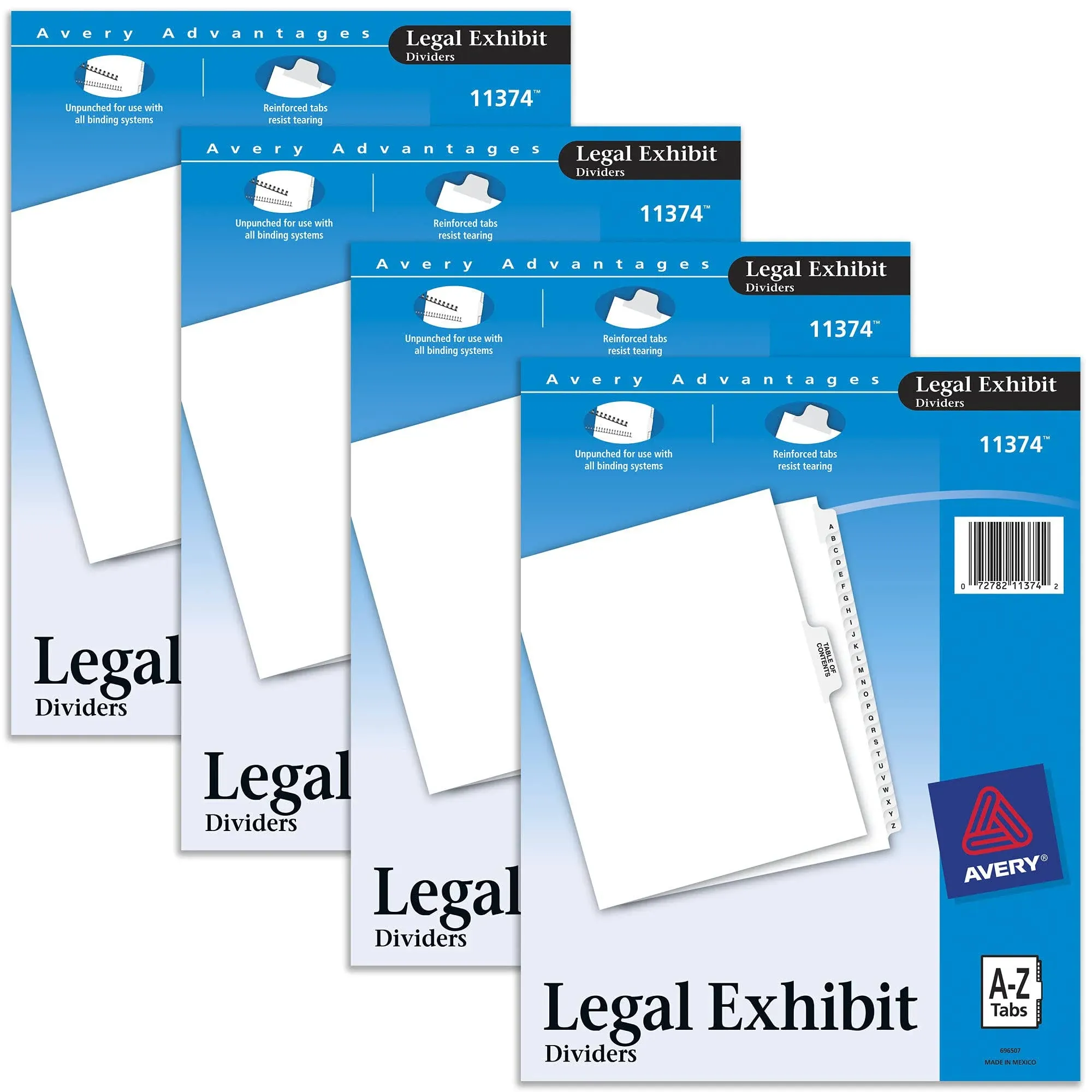 Avery Legal Exhibit Binder Dividers, Preprinted A-Z and Table of Contents Side Tabs, Unpunched Letter Size, 1 Set Collated, 4 Sets per Pack (11374)