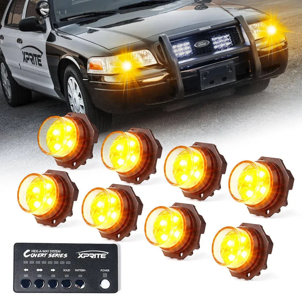 Xprite 8 Pack LED Amber Hideaway Strobe Lights Kit Emergency Warning Hazard