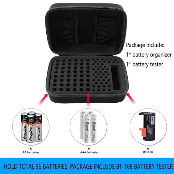 Comecase Battery Organizer Storage Box Case Holder for 48 x AA 48 x AAA Total 96 Batteries with Battery Tester Extra 2 Pockets for Othe