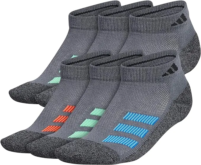 ADIDAS Boys Socks Low Cut Cushioned Aeroready 6 Pack Youth Shoe Size 3Y-9Y