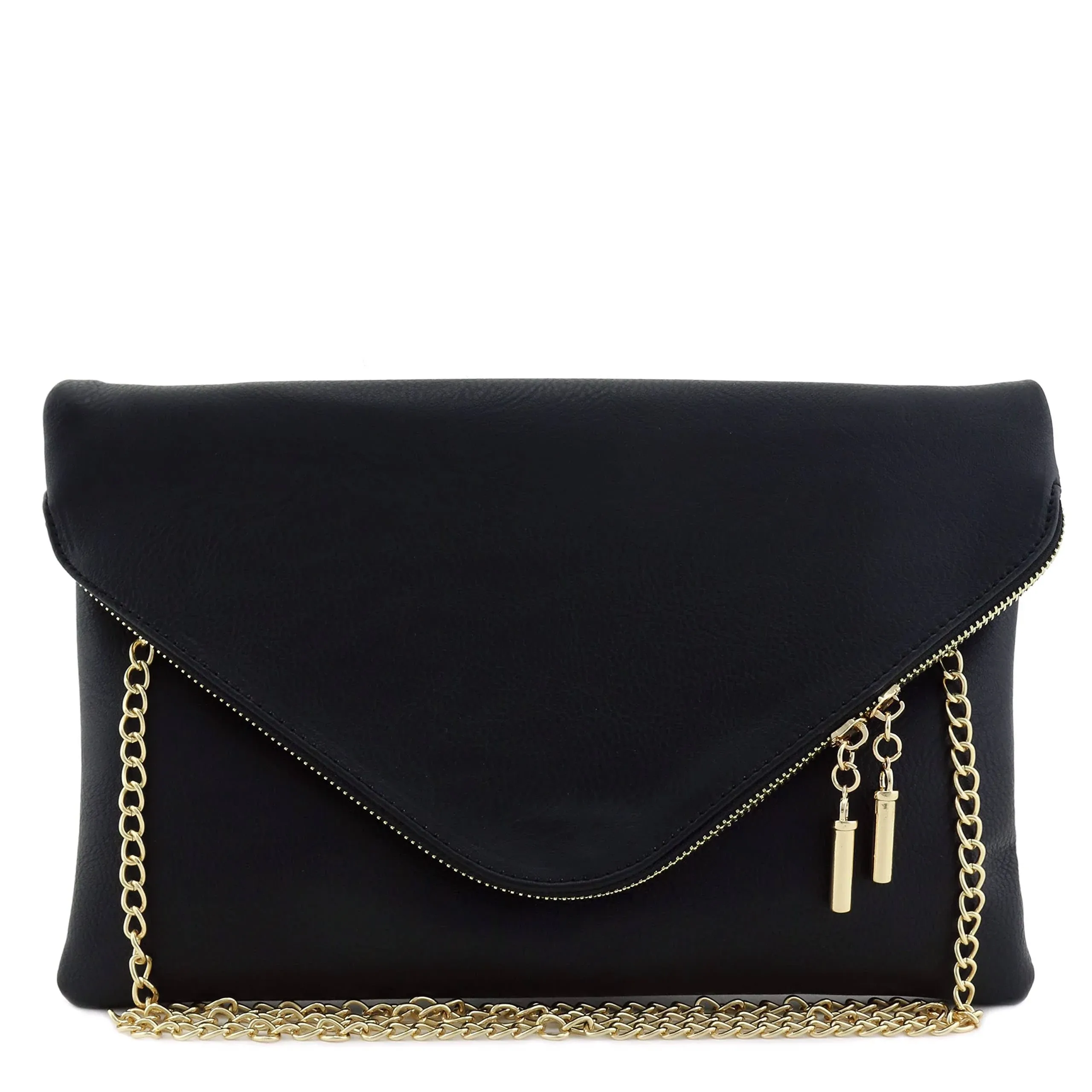 FashionPuzzle Large Envelope Clutch Bag with Chain Strap Black