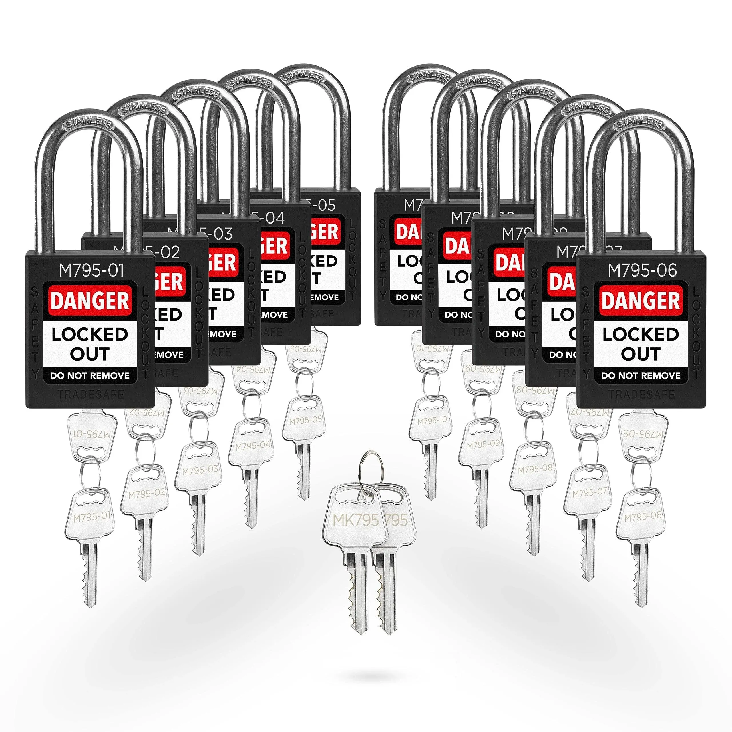 TRADESAFE Lockout Tagout Locks Set with Master Keys - 10 Black Loto Locks Keyed ...