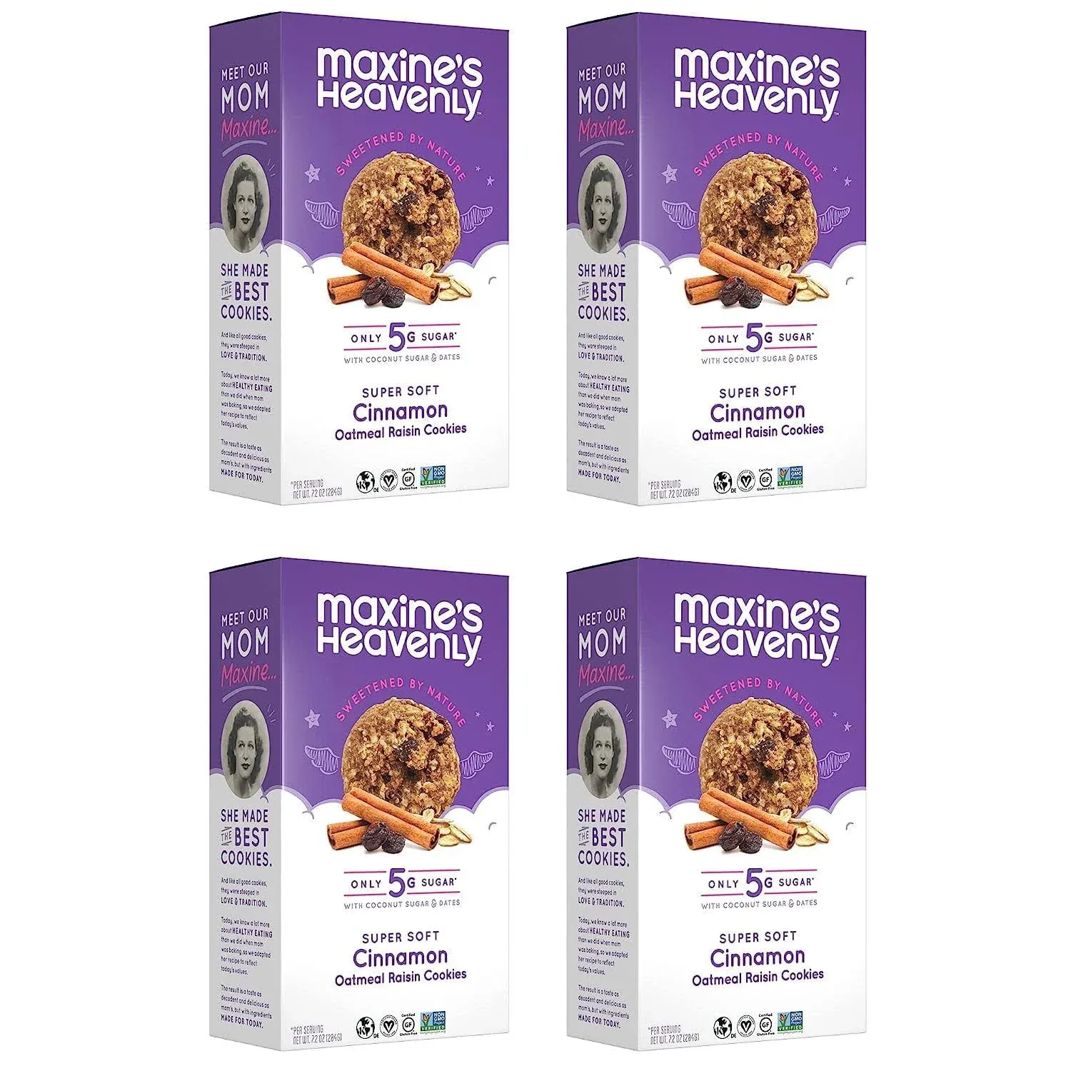 Maxine's Heavenly Cinnamon Oatmeal Raisin Cookies | Gluten Free, Made with Oats, Sweetened with Coconut Sugar & Dates | Tasty Low Sugar Vegan Dessert | 7.2 Ounces Each (4 pack)