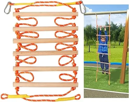 X XBEN 8.5Ft Wooden Rope Ladder for Kids, Climbing Ladders for Backyard Playset, Ninja Obstacle Course Hanging Ladder, Outdoor Playground Swingset Accessories