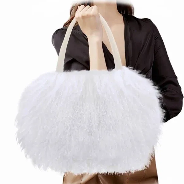 FINILUO  Real Long Lamb Fur/Mongolian Fur with Genuine Leather Handles Handbag  | eBay