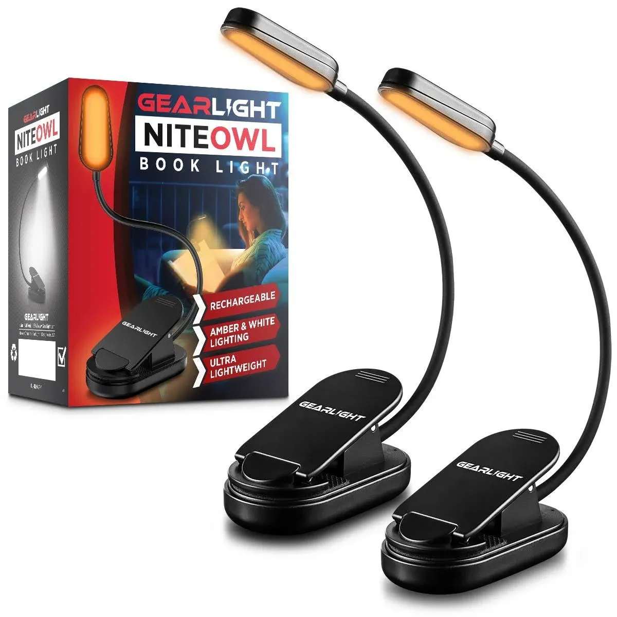 NiteOwl Rechargeable Book Light [2 Pack] - Dual Amber and White Modes