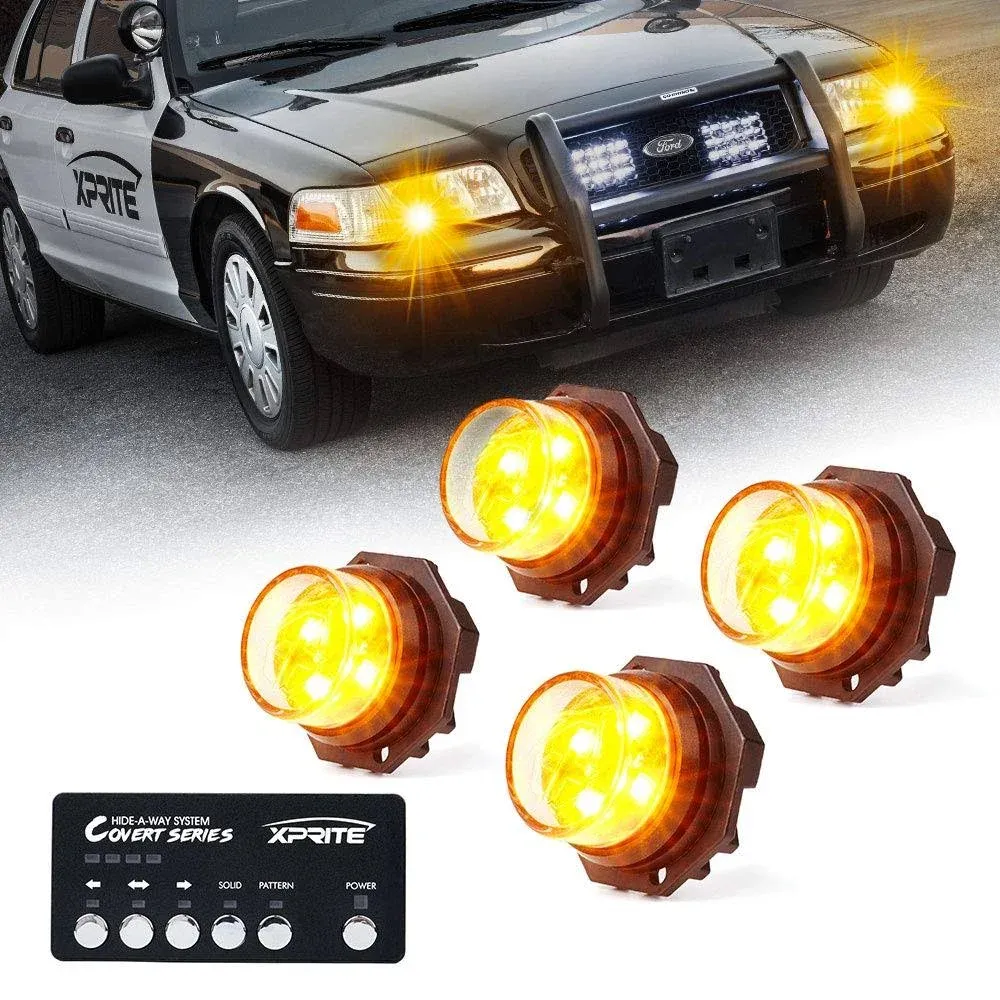 Xprite 4Pcs Amber Hideaway Headlight Bulb Kit Side Marker Strobe Light w/Control