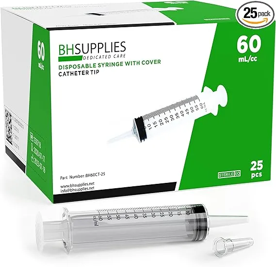 BH Supplies 60mL Syringe Catheter Tip Sterile with Covers - (No Needle) - Sterile, Individually Wrapped - 50 Syringes