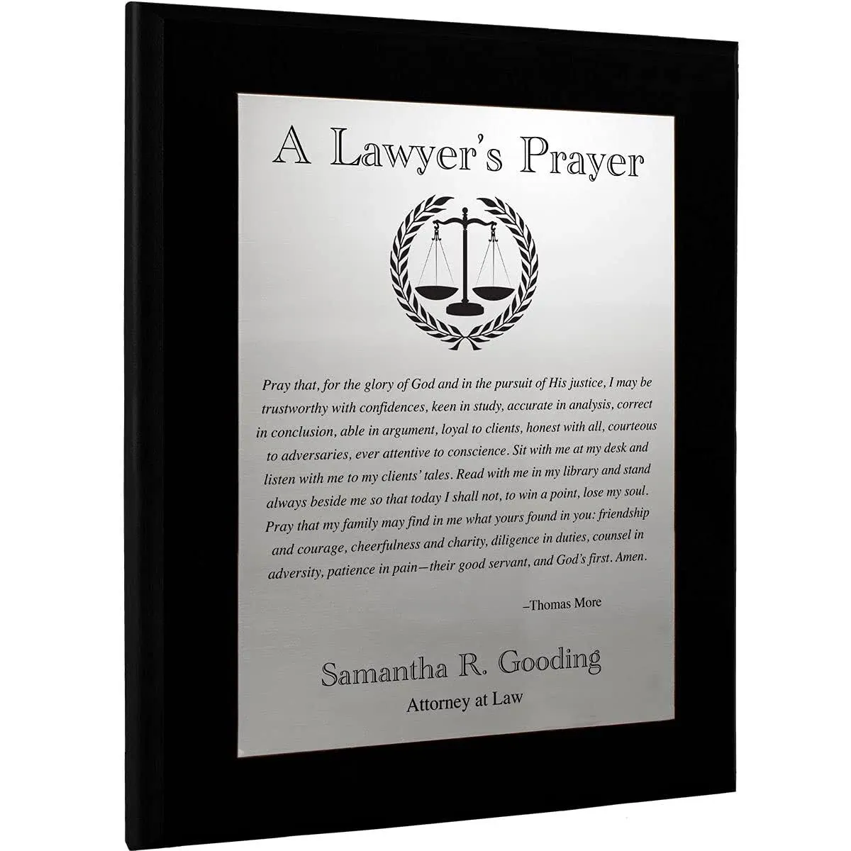 Customizable Lawyer's Prayer Plaque - Thank or Congratulate An Attorney or Celebrate a Law Student's Accomplishments - Include Their Name or Special Message (Black Wood w/Silver Metal)