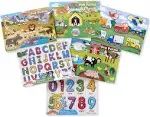 Melissa & Doug Wooden Peg Puzzle 6 Pack Numbers, Letters, Animals, Vehicles