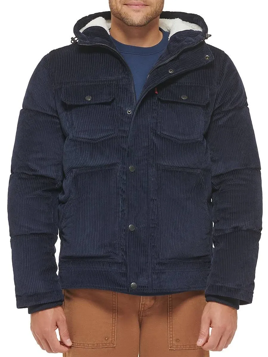 Levi's Men's Classic Fit Hooded Corduroy Puffer Jacket - Navy - Size M