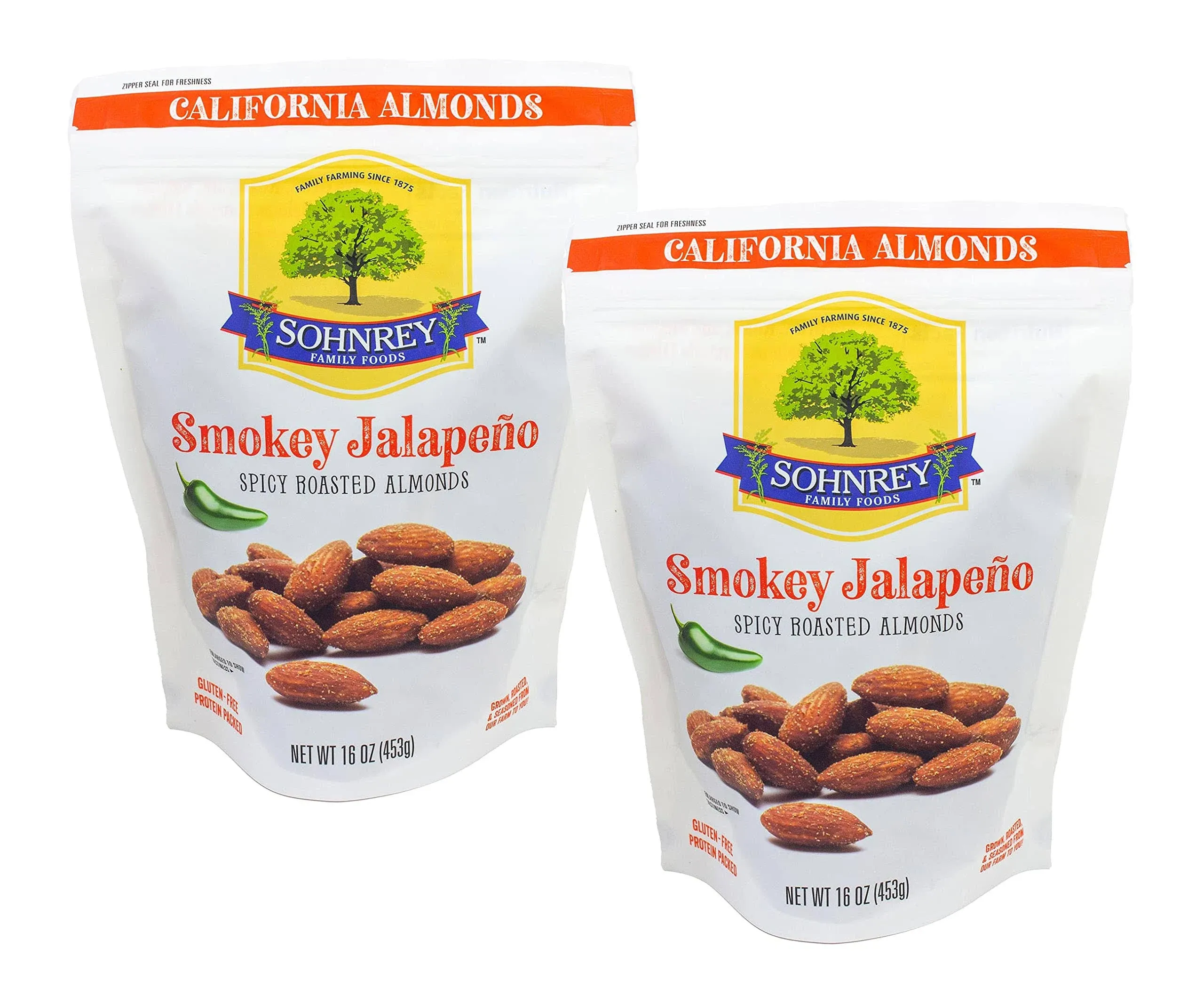 Smokey Jalapeno Almonds (16oz) Steam Pasteurized Roasted Almonds from The Sohnrey Family Farm (2-Pack)