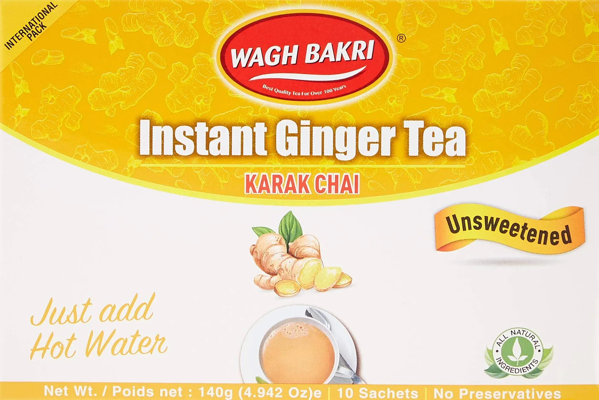 Wagh Bakri Instant Unsweetened Ginger Tea, 10 Sachets, 140 g