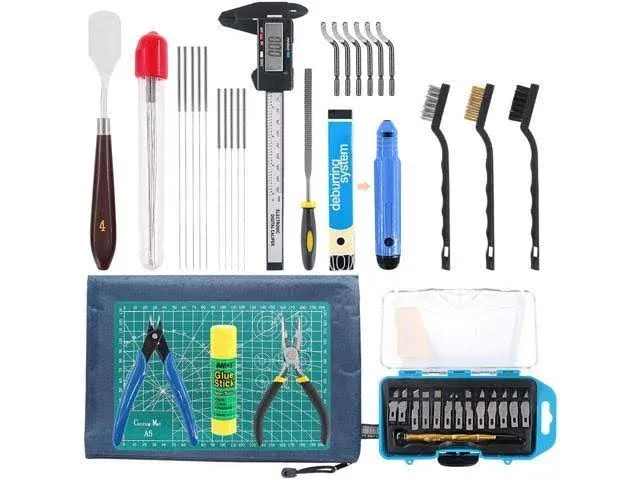 Glarks 42Pcs 3D Print Tool Kit Includes Cleaning Needles, Needle Nose Plier, Cutting Mat, Deburring Tool, Electronic Digital Caliper, Knife Clean Up Kit, Brushes for Finishing, Cleaning 3D Printer