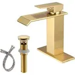 BWE Waterfall Single Hole Single-Handle Low-Arc Bathroom Faucet with Pop-Up Drain Assembly in Brushed Gold