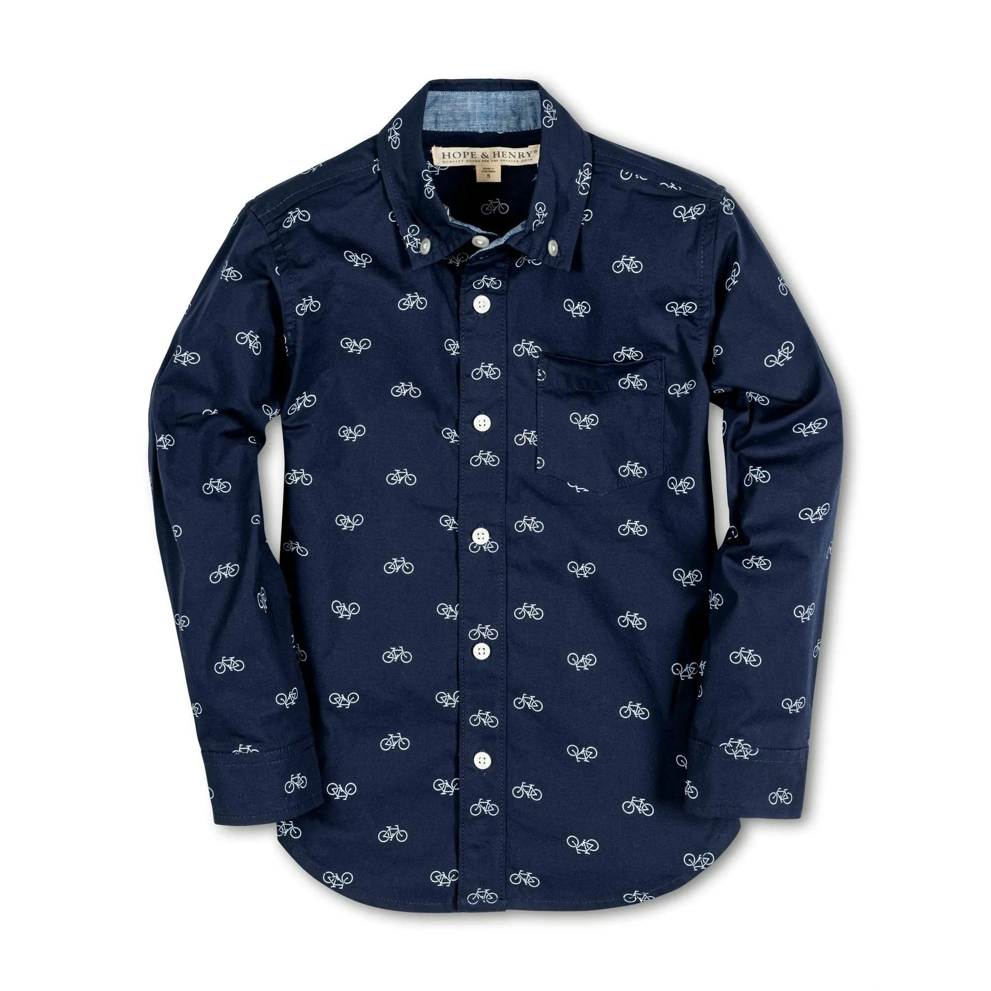 Hope & Henry Boys' Poplin Long Sleeve Button Down Shirt, Navy Bicycle Print, Small