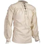 RYCUZYNU Men's Loose Linen Medieval Gothic Renaissance Shirt Long Sleeve Viking Pirate Mercenary Scottish Costume Beige, XXXX-Large(Bust 50.5" to 52")