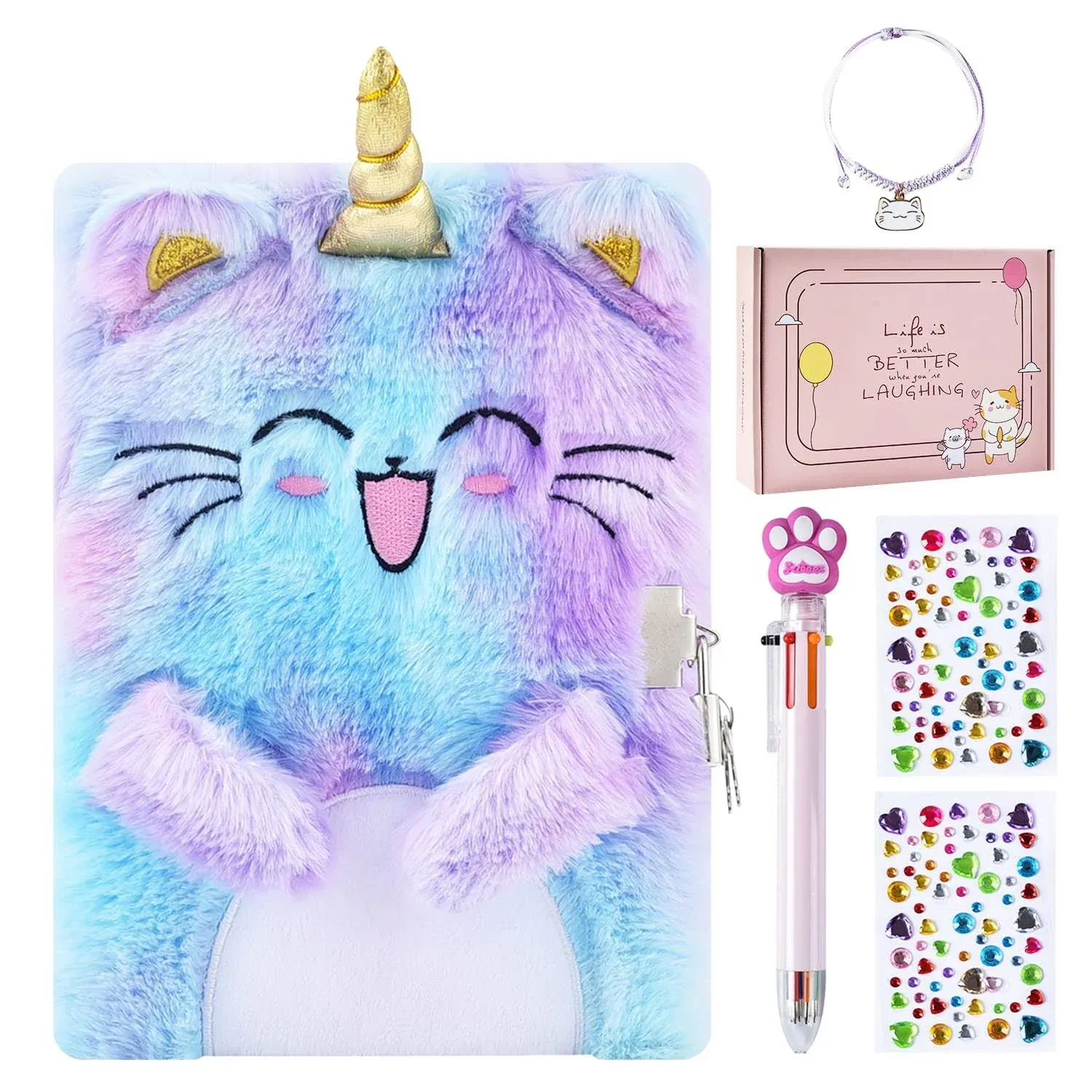 Caticorn Diary for Girls with Lock and Keys, Kids Journal Travel C Unicorn Cat