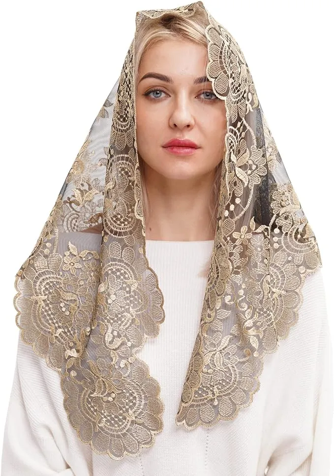 Traditional Head Covering Embroidery Mantilla Lace Triangle Mantilla Veil Lat...