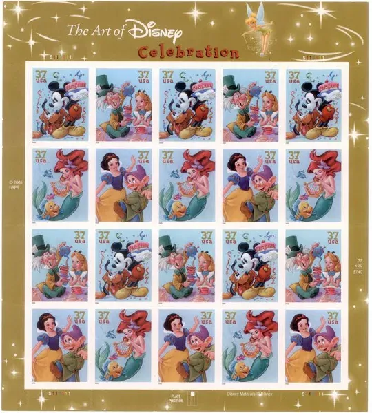 The Art of Disney: Celebration, Full Sheet of 20 x 37-Cent Postage Stamps, USA 2005, Scott 3912-15