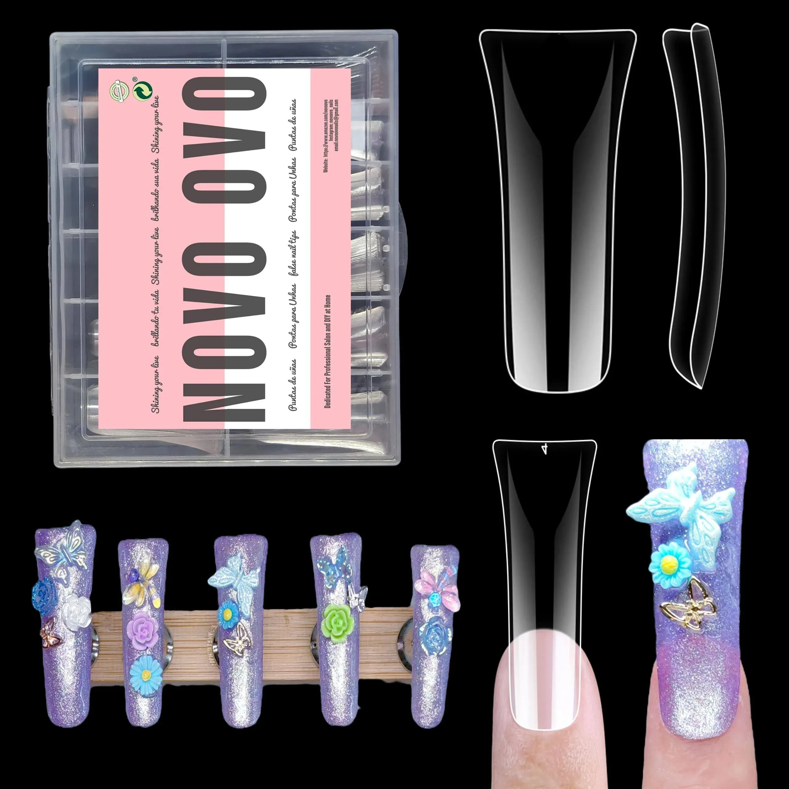 Novo OVO 120 Pcs Extra Long Duck Nail Tips Full Cover for Acrylic, Clear XL XXL ...