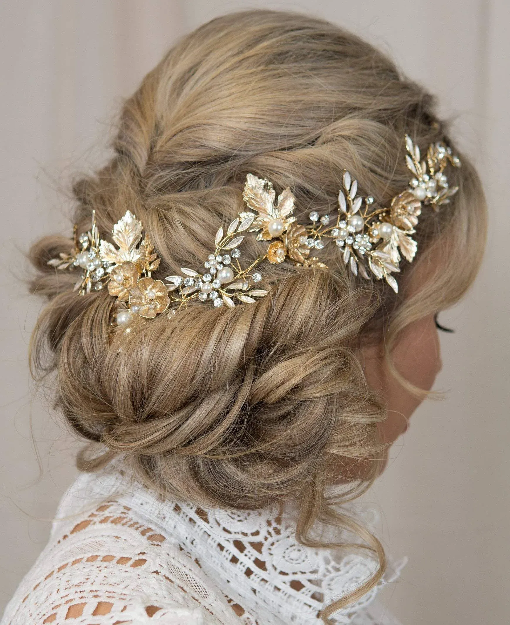  Gold Flower Leaf Vintage Headband Rhinestones Pearl Hair Vine Bridal Tiara 