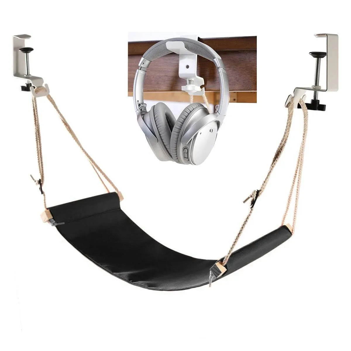 Auoinge Foot Hammock with Headphone Holder, Updated Desk Hammock Portable Durable Foot Rest with Adjustable Screw in Rubber Clamps for All Desk