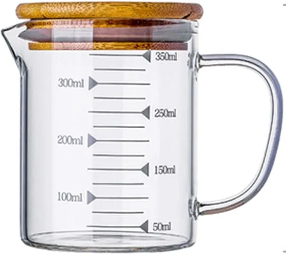 KINNOSE Graduated Beaker Mug with Handle and Durable Bamboo Lid Borosilicate Glass Multi-function Food Grade Measuring Cup 350ml