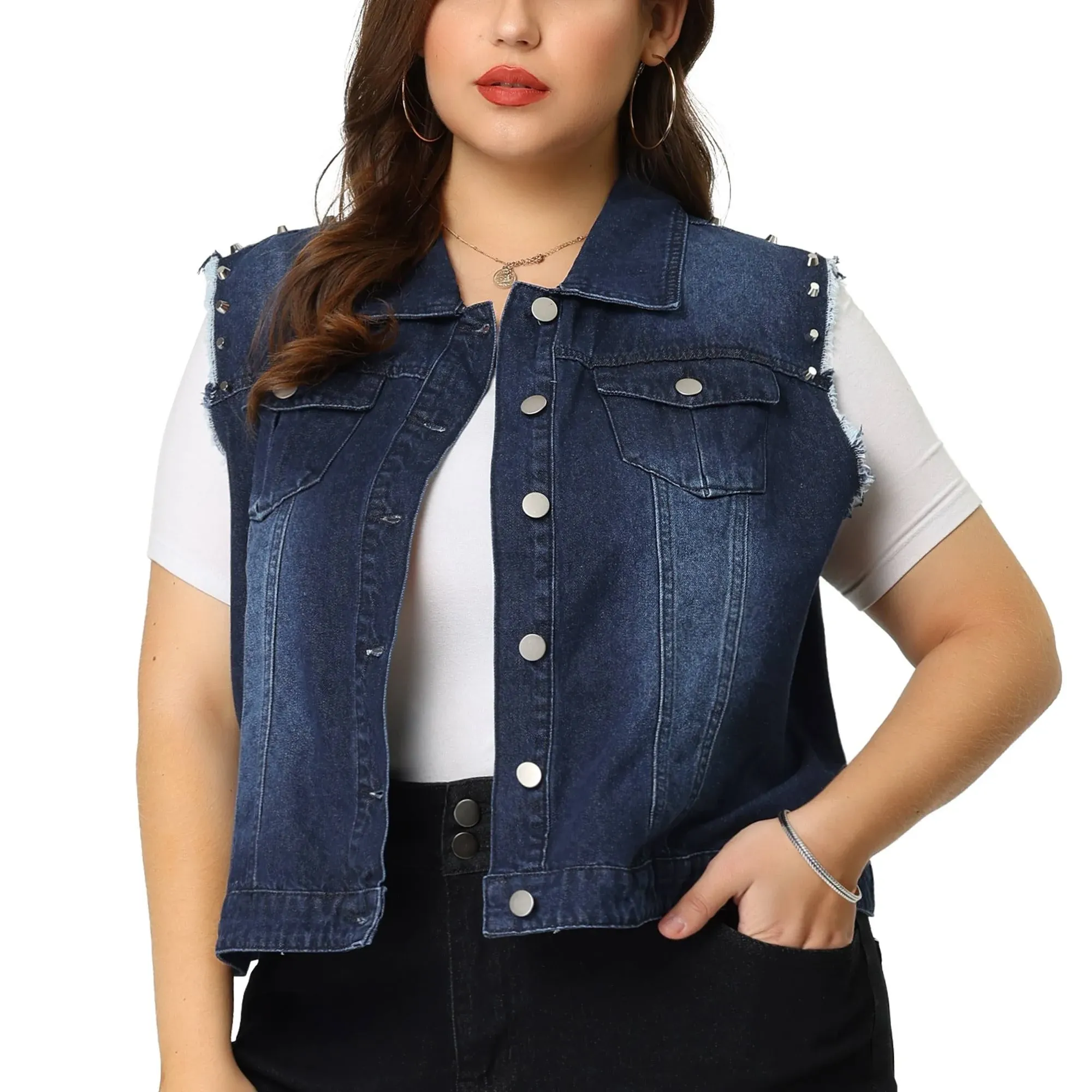 Agnes Orinda Women's Plus Jean Vest Chest Pockets Frayed Hem Single Breasted Denim Vest with Rivets Dark Blue 3X