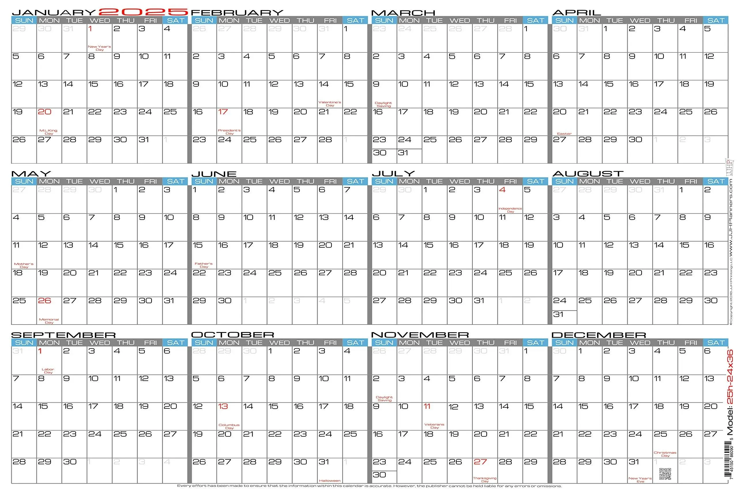 JJH Planners - Laminated - 24" x 36" Large 2025 Erasable Wall Calendar ...