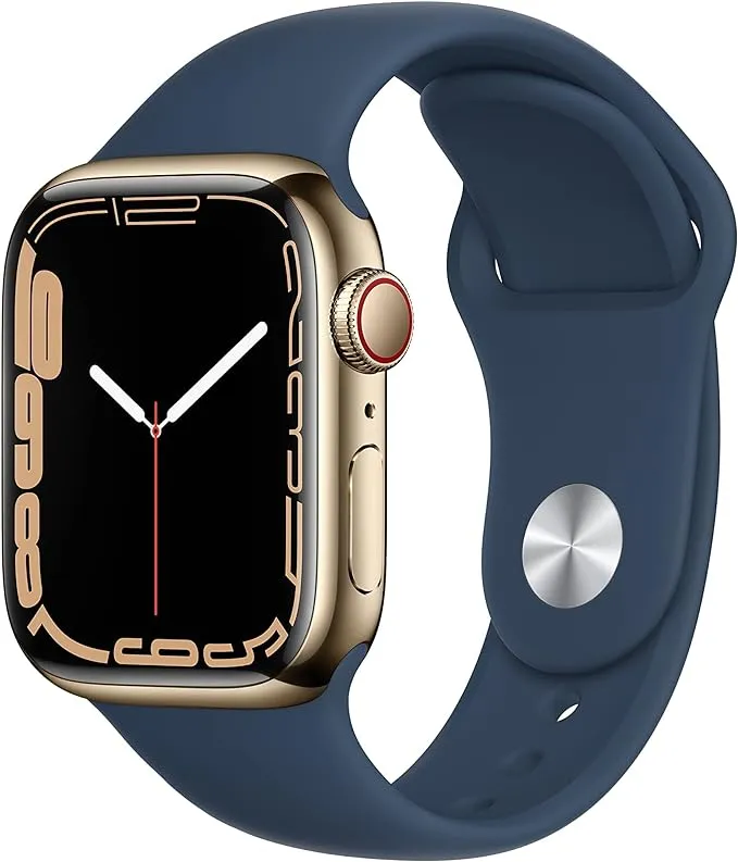 Apple Watch Series 7 [GPS + Cellular 41mm] Smart Watch w/ Gold Stainless Steel Case with Abyss Blue Sport Band (Renewed)